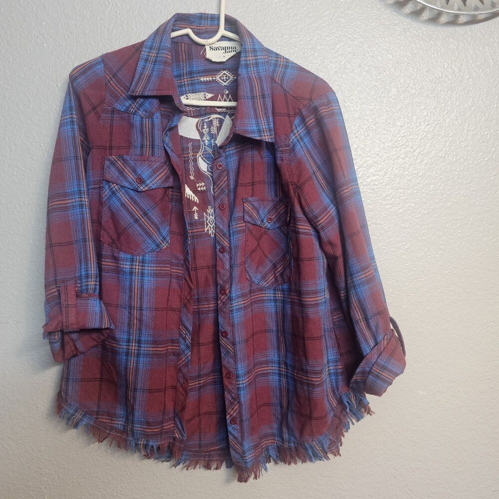 Savanna Jane Embroidered Plaid Fringe Hem Button Front Shirt Jacket Womens D320